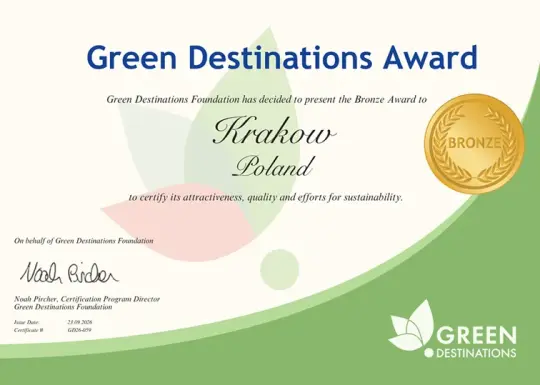 Certyfikat Green Destinations Award dla Krakowa za atrakcyjność i działania na rzecz zrównoważonego rozwoju.