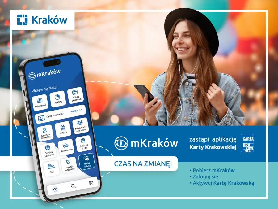 Aplikacja mKraków z informacjami o Karcie Krakowskiej i możliwością pobrania.