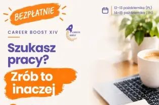 Grafika promująca bezpłatne szkolenia online „Career Boost XIV” dla osób szukających pracy. Program obejmuje analizę CV, rekrutację, błędy podczas rekrutacji i symulację rozmowy.