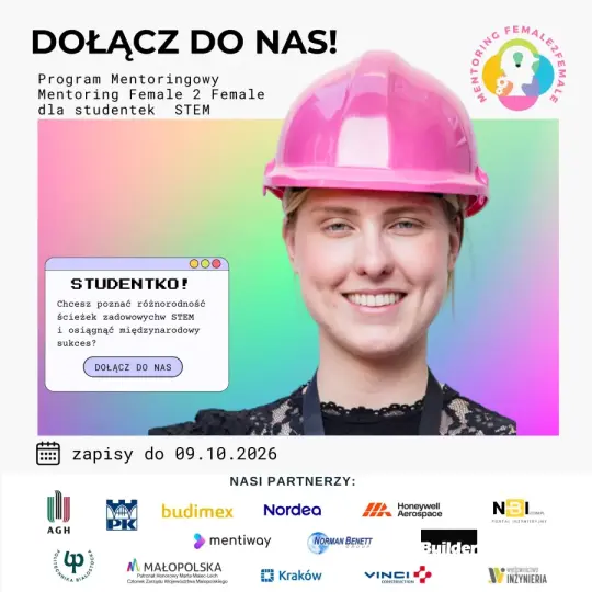 Kobieta w różowym kasku, promująca program mentoringowy dla studentek STEM.