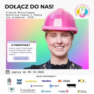 Kobieta w różowym kasku, promująca program mentoringowy dla studentek STEM.