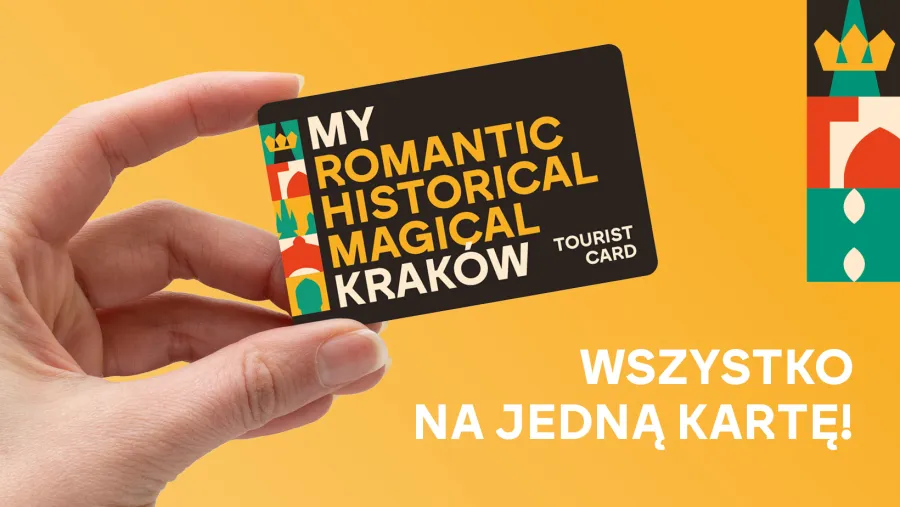 Karta turystyczna Krakowa z hasłem "Wszystko na jedną kartę!" w kolorowej grafice.
