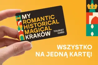 Karta turystyczna Krakowa z hasłem "Wszystko na jedną kartę!" w kolorowej grafice.