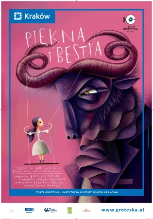 Plakat promujący spektakl "Piękna i Bestia" z ilustracją postaci i tłem w stylu bajkowym.