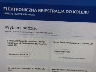 Elektroniczna rejestracja do kolejki w Urzędzie Miasta Krakowa z opcją wyboru oddziału.