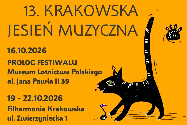 Plakat 13. Krakowskiej Jesieni Muzycznej z datami i miejscami wydarzeń oraz rysunkiem kota.