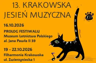 Plakat 13. Krakowskiej Jesieni Muzycznej z datami i miejscami wydarzeń oraz rysunkiem kota.