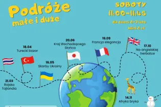 Podróże dla dzieci: tematyczne spotkania, flagi krajów, różnorodne atrakcje.