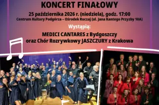 Plakat festiwalu chórów amatorskich z informacjami o koncercie finałowym i występujących chórze.