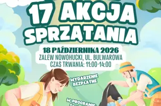 Plakat promujący akcję sprzątania z datą, miejscem i informacjami o wydarzeniu oraz sponsorach.