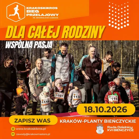 Bieg rodzinny w plenerze, uczestnicy z numerami startowymi, data wydarzenia 18.10.2026.