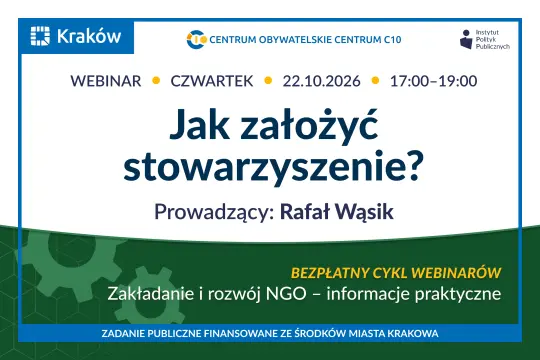 Grafika promuje bezpłatny webinar „Jak założyć stowarzyszenie?”, który odbędzie się 22 października 2026 roku. Na zielonym tle widoczne są geometryczne wzory i ikony kół zębatych.