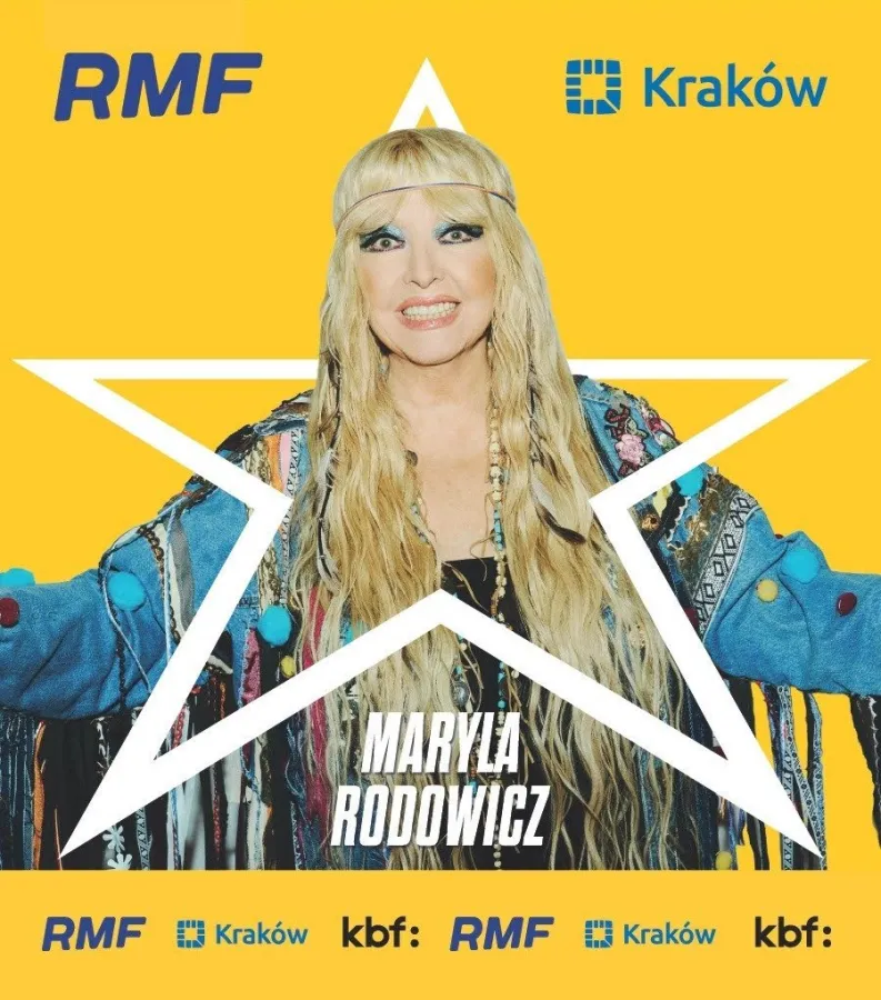 Maryla Rodowicz w kolorowej stylizacji na tle żółtej gwiazdy z logo RMF i Krakowa.