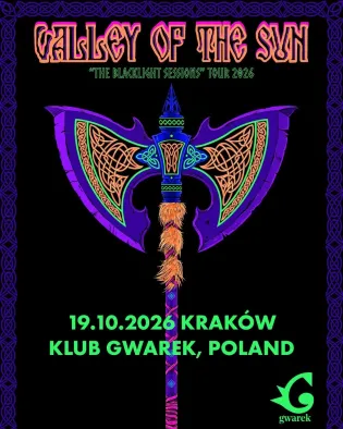 Plakat koncertu Galley of the Sun w Krakowie, z kolorowym wzorem topora i datą wydarzenia.