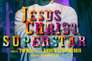 Plakat musicalu Jezus Chrystus Superstar z datami występów w Krakowie.