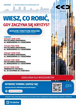 Plakat informacyjny o bezpłatnych szkoleniach dla mieszkańców Krakowa.