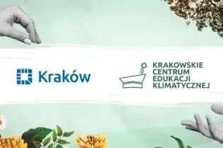 Logo Krakowa i Krakowskiego Centrum Edukacji Klimatycznej otoczone roślinnością i motylami.