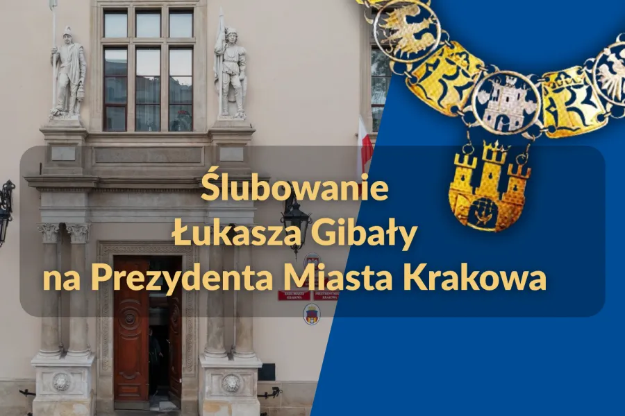 Ślubowanie Łukasza Gibały na Prezydenta Miasta Krakowa z herbem miasta.
