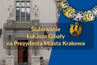 Ślubowanie Łukasza Gibały na Prezydenta Miasta Krakowa z herbem miasta.