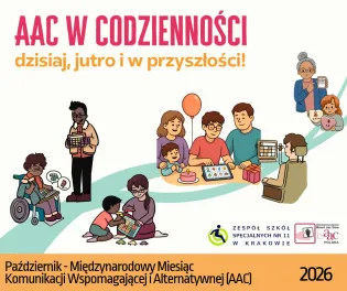 Grafika promująca Międzynarodowy Miesiąc Komunikacji Wspomagającej i Alternatywnej (AAC). Ilustracje przedstawiają osoby w różnym wieku korzystające z pomocy i urządzeń AAC w codziennych sytuacjach. N