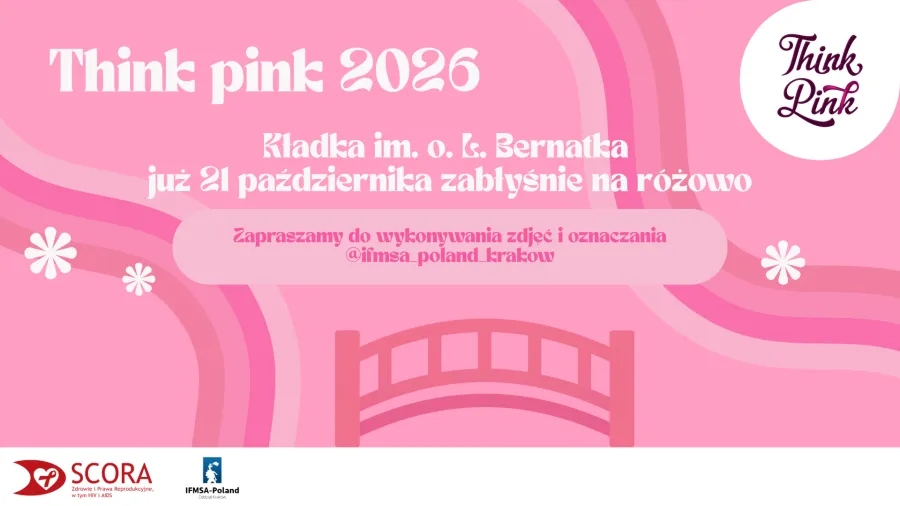 grafika kampanii Pink October 2026. Na różowym tle biały kontur kładki im. ojca Laetusa Bernatka w Krakowie oraz nazwa kampanii i data oraz symbol wstążki symbolizujący walkę z rakiem piersi.