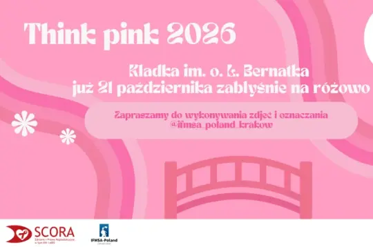 grafika kampanii Pink October 2026. Na różowym tle biały kontur kładki im. ojca Laetusa Bernatka w Krakowie oraz nazwa kampanii i data oraz symbol wstążki symbolizujący walkę z rakiem piersi.