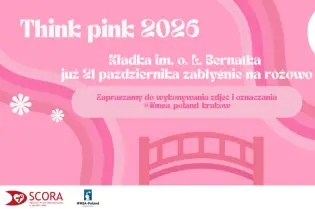 grafika kampanii Pink October 2026. Na różowym tle biały kontur kładki im. ojca Laetusa Bernatka w Krakowie oraz nazwa kampanii i data oraz symbol wstążki symbolizujący walkę z rakiem piersi.