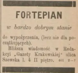 Redakcja „Gazety Krakowskiej” przy ul. Szewskiej 4. Ogłoszenie z informacją  w sprawie fortepianu. 