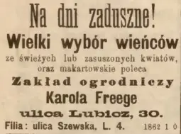Filia zakładu ogrodniczego Karola Freegego przy ul. Szewskiej 4