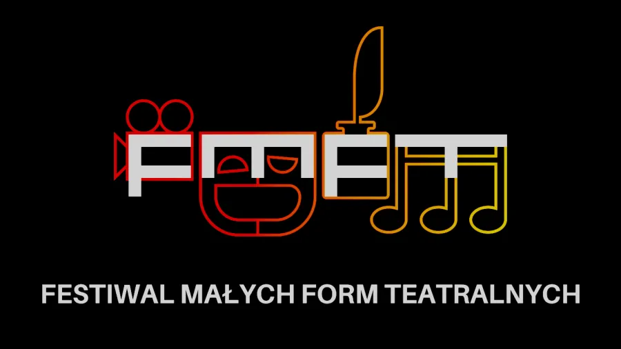 Logo Festiwalu Małych Form Teatralnych z elementami teatralnymi i muzycznymi.