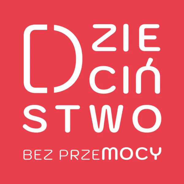Dzieciństwo bez przemocy, napis w białym kolorze na czerwonym tle.