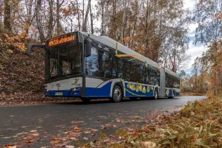 Autobus elektryczny na drodze otoczonej drzewami i opadłymi liśćmi.