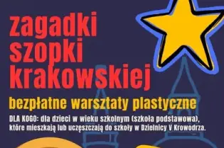 Plakat zapraszający na bezpłatne warsztaty plastyczne dla dzieci w Krakowie.