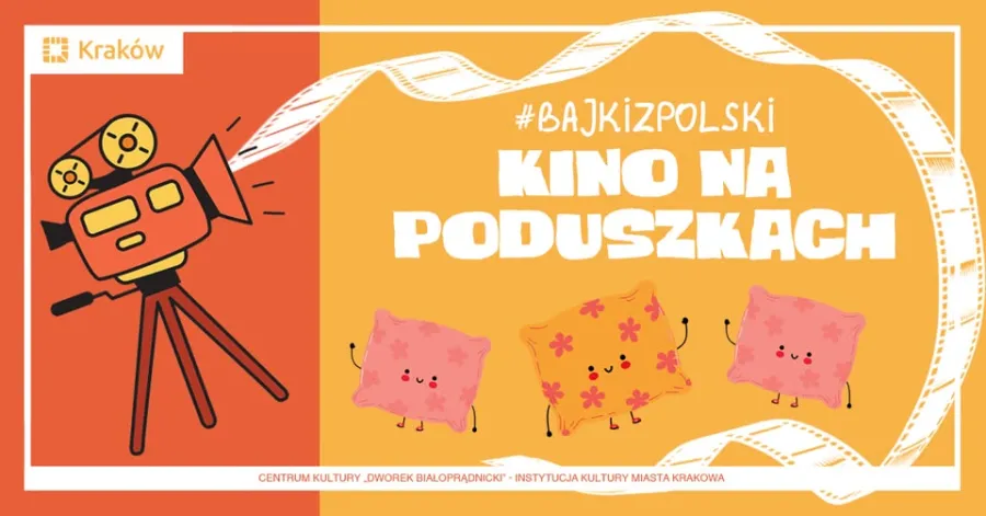 Kino na poduszkach z kolorową kamerą filmową i poduszkami w tle.