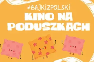 Kino na poduszkach z kolorową kamerą filmową i poduszkami w tle.