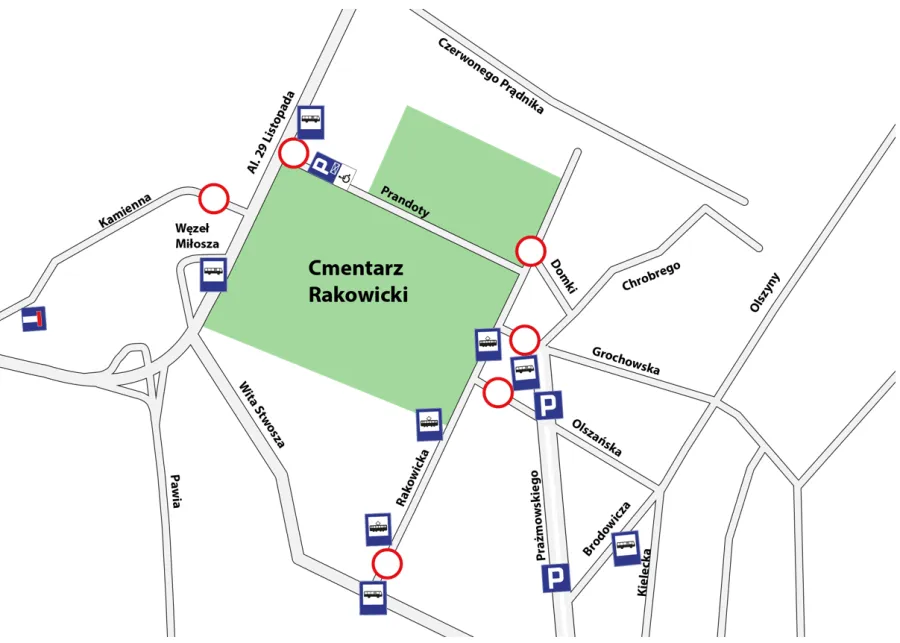 Mapa z lokalizacją Cmentarza Rakowickiego oraz pobliskimi parkingami i ulicami.