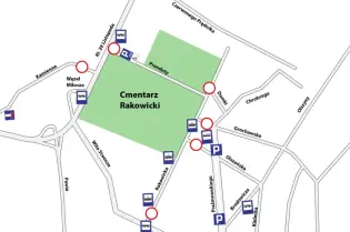 Mapa z lokalizacją Cmentarza Rakowickiego oraz pobliskimi parkingami i ulicami.