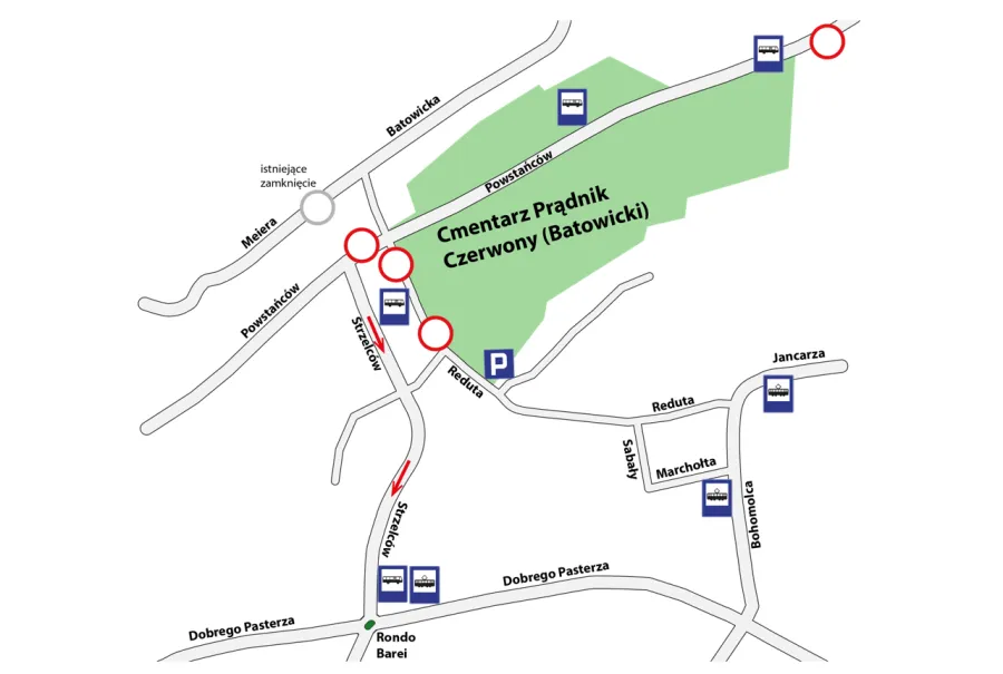 Mapa z lokalizacją Cmentarza Prądnik Czerwony w Batowicach oraz okolicznymi ulicami.