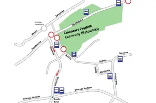 Mapa z lokalizacją Cmentarza Prądnik Czerwony w Batowicach oraz okolicznymi ulicami.