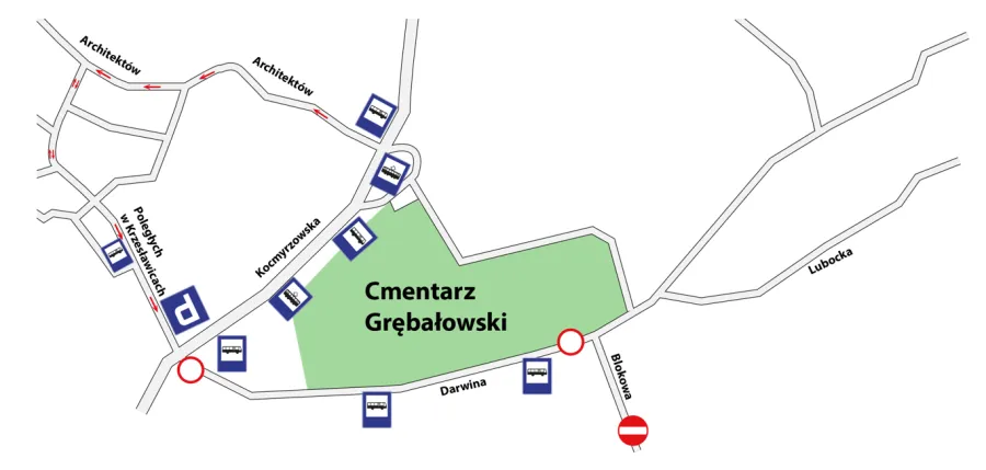 Mapa z lokalizacją Cmentarza Grębałowskiego oraz okolicznych ulic.