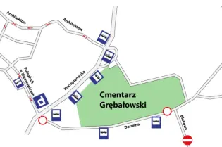 Mapa z lokalizacją Cmentarza Grębałowskiego oraz okolicznych ulic.