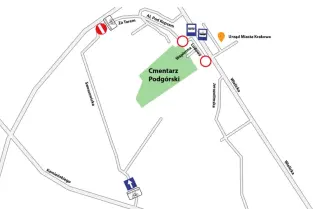 Mapa z lokalizacją Cmentarza Podgórskiego oraz oznaczeniami dróg i punktów orientacyjnych.