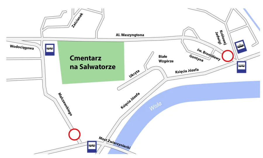 Mapa z lokalizacją Cmentarza na Salwatorze oraz okolicznych ulic.