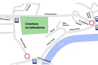 Mapa z lokalizacją Cmentarza na Salwatorze oraz okolicznych ulic.