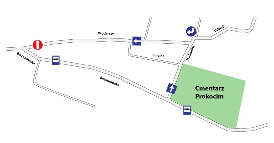 Mapa z oznaczeniami dróg i kierunków prowadzących do cmentarza Prokocim.