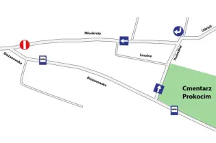 Mapa z oznaczeniami dróg i kierunków prowadzących do cmentarza Prokocim.