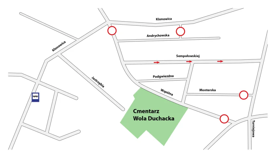 Mapa okolicy z zaznaczonymi ulicami i cmentarzem Wola Duchacka.