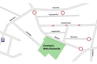Mapa okolicy z zaznaczonymi ulicami i cmentarzem Wola Duchacka.