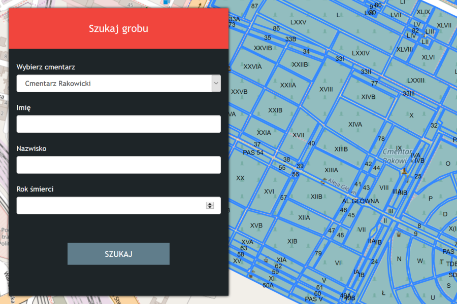 Lokalizator grobów - widać wyszukiwarkę i plan cmentarza.