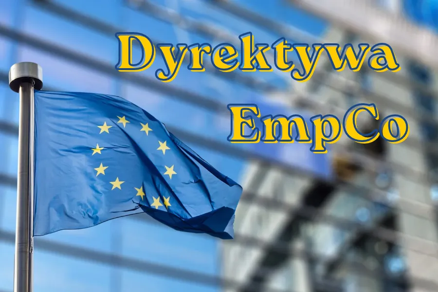 Flaga Unii Europejskiej z napisem Dyrektywa EmpCo.